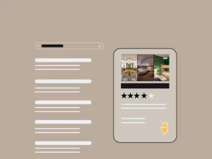 Brown graphics showing a Google search with Google Business Profile of one hotel