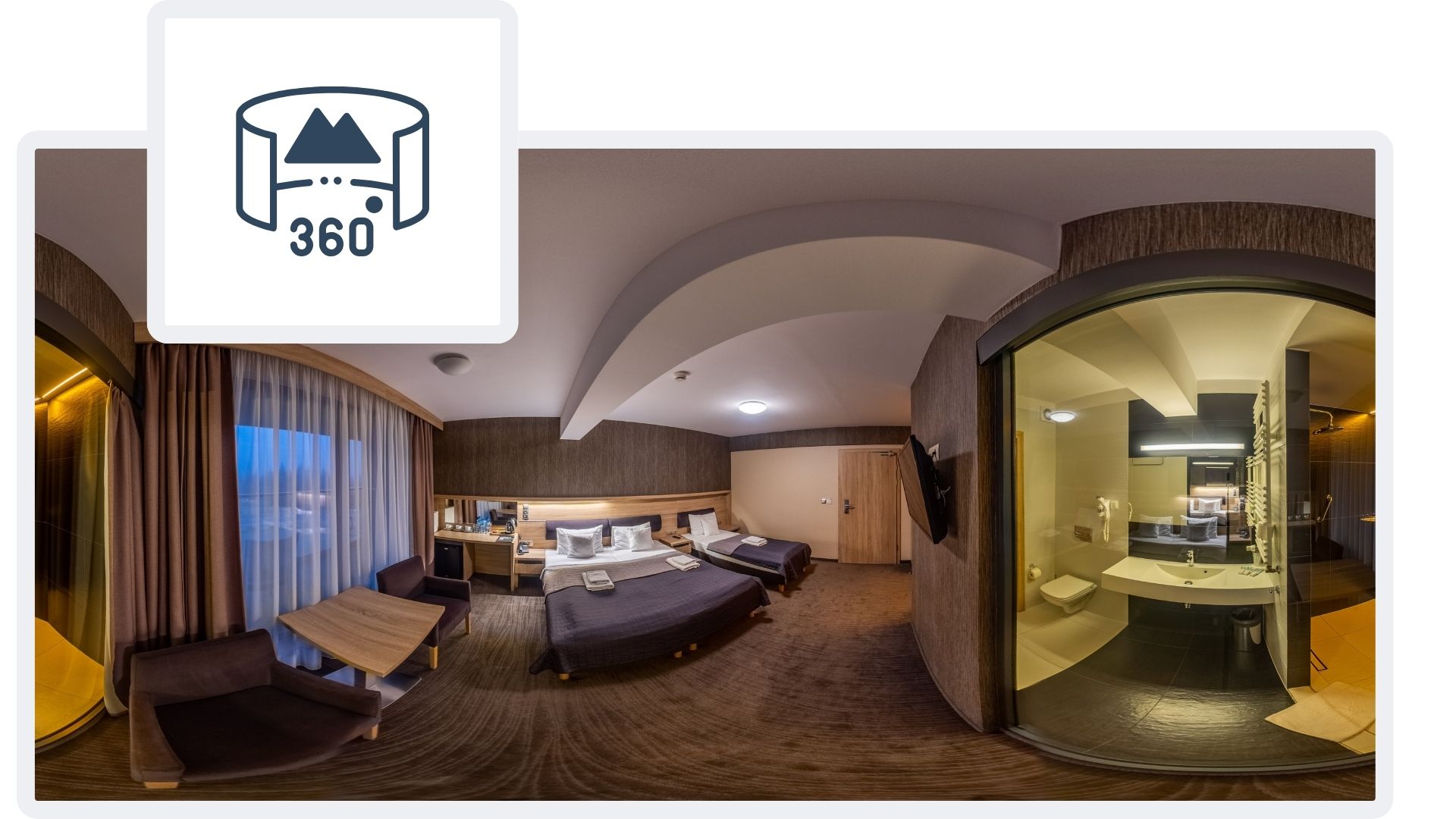 Panoramatická 360° fotografie hotelového pokoje v Jakuszycích