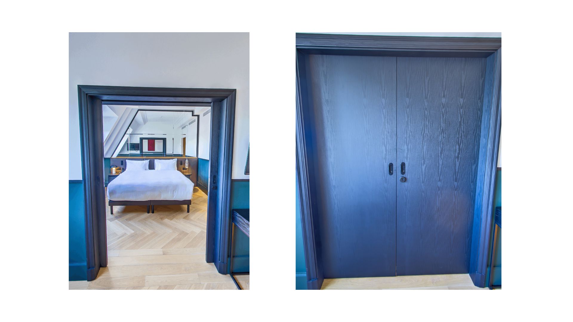 Two images of the same door - one is open and one is closed used for implementing an open-door effect in virtual tours