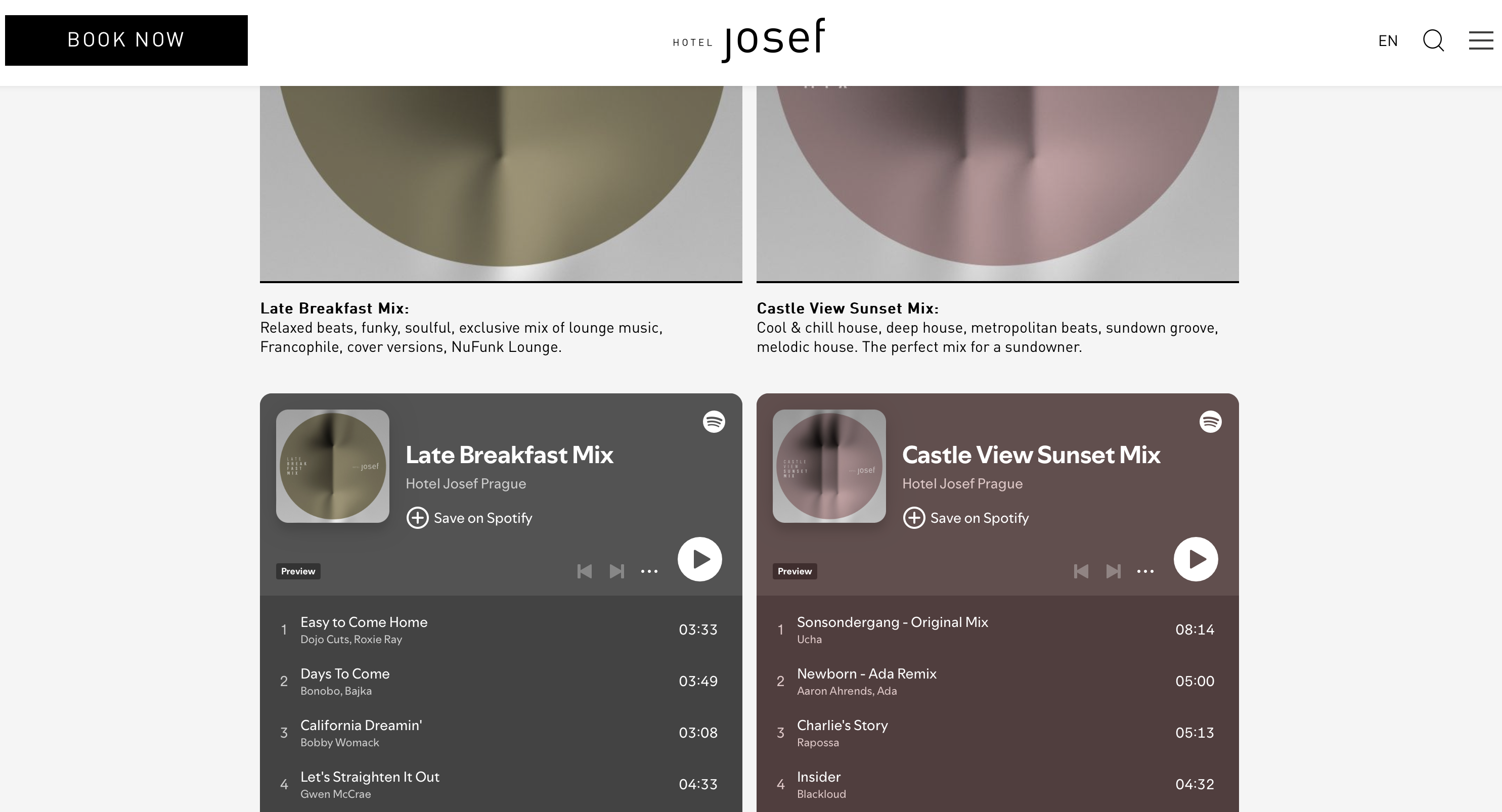 screenshot of the hotel Josef Spotify account on their website